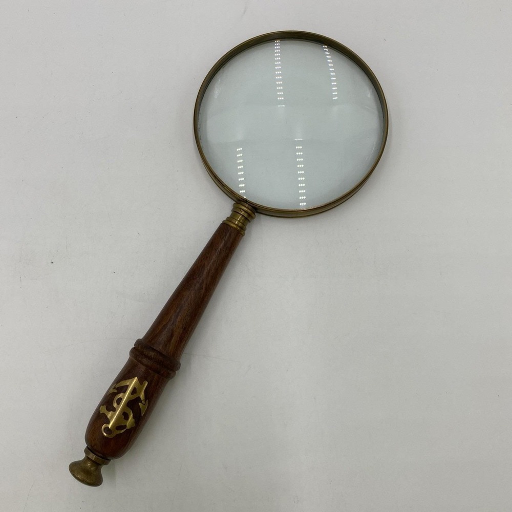 Vintage Nautical Magnifying Glass Wood Handle Brass‎ Anchor Inlay Brown Gold Map